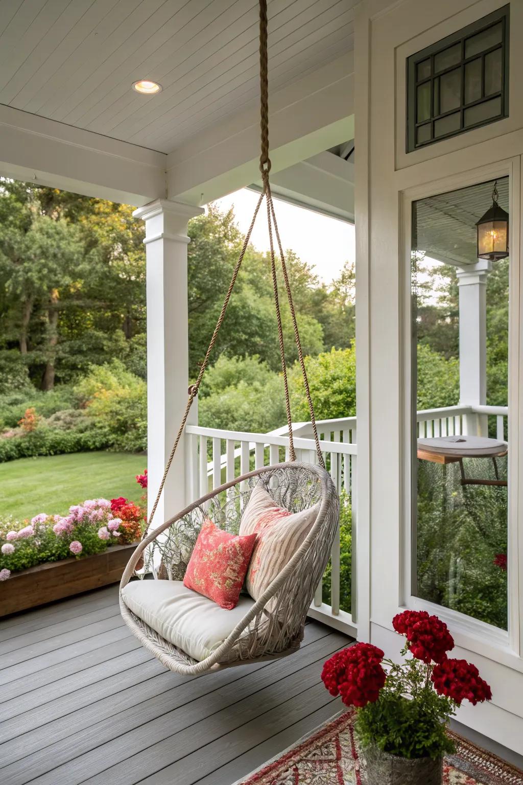 A hanging chair with cushions adds a whimsical touch to a small screened porch.