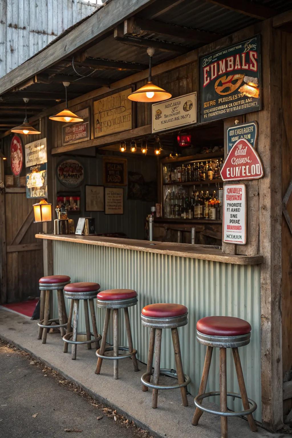 Infuse vintage charm into your shed bar with retro elements.