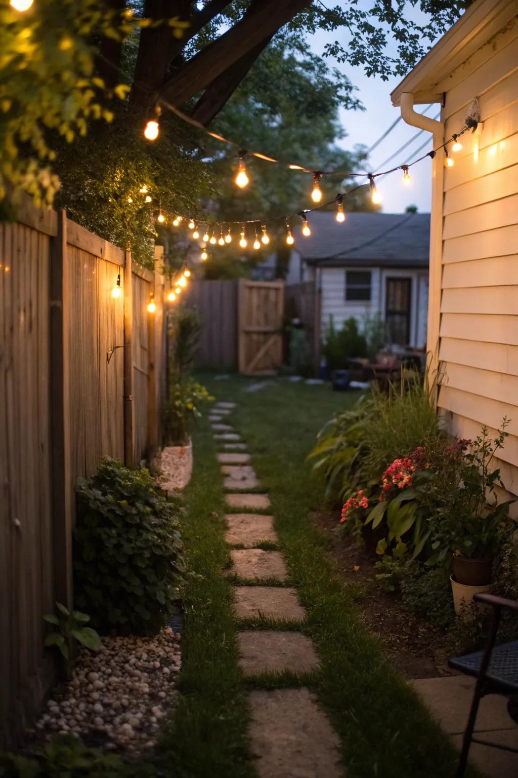String lights create a cozy and inviting atmosphere in any side yard.