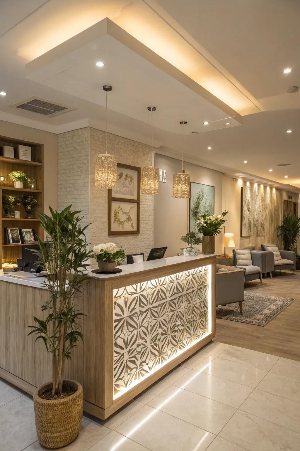 A stylish and well-lit reception desk serves as a focal point.