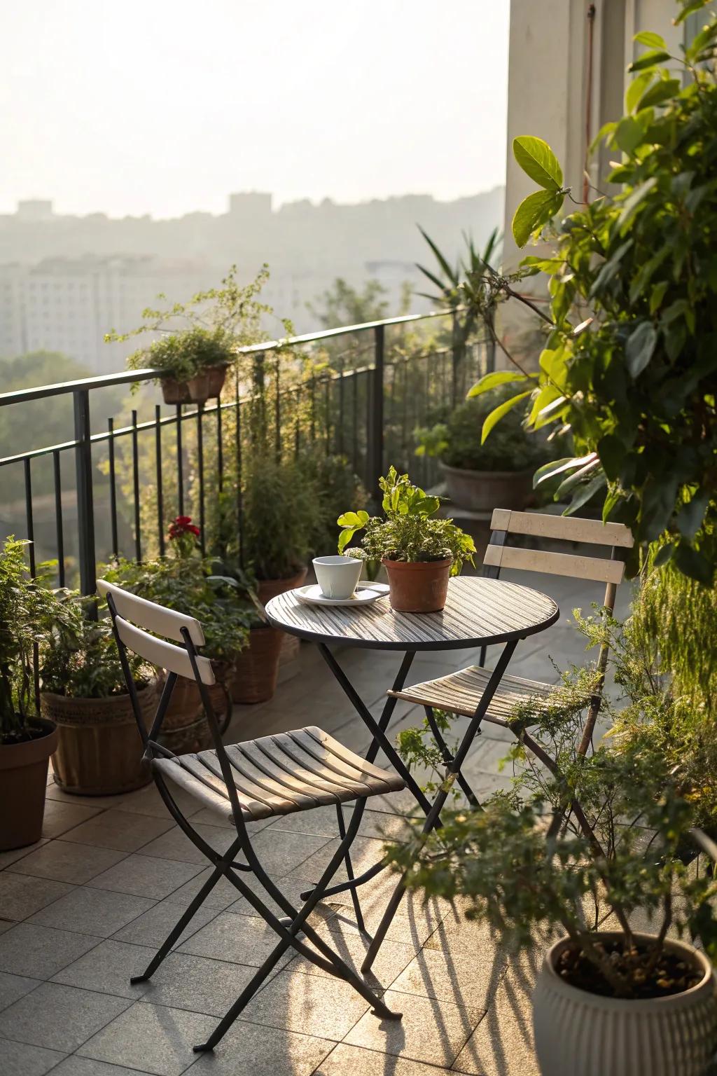 Compact furniture nestled among plants creates a charming retreat.