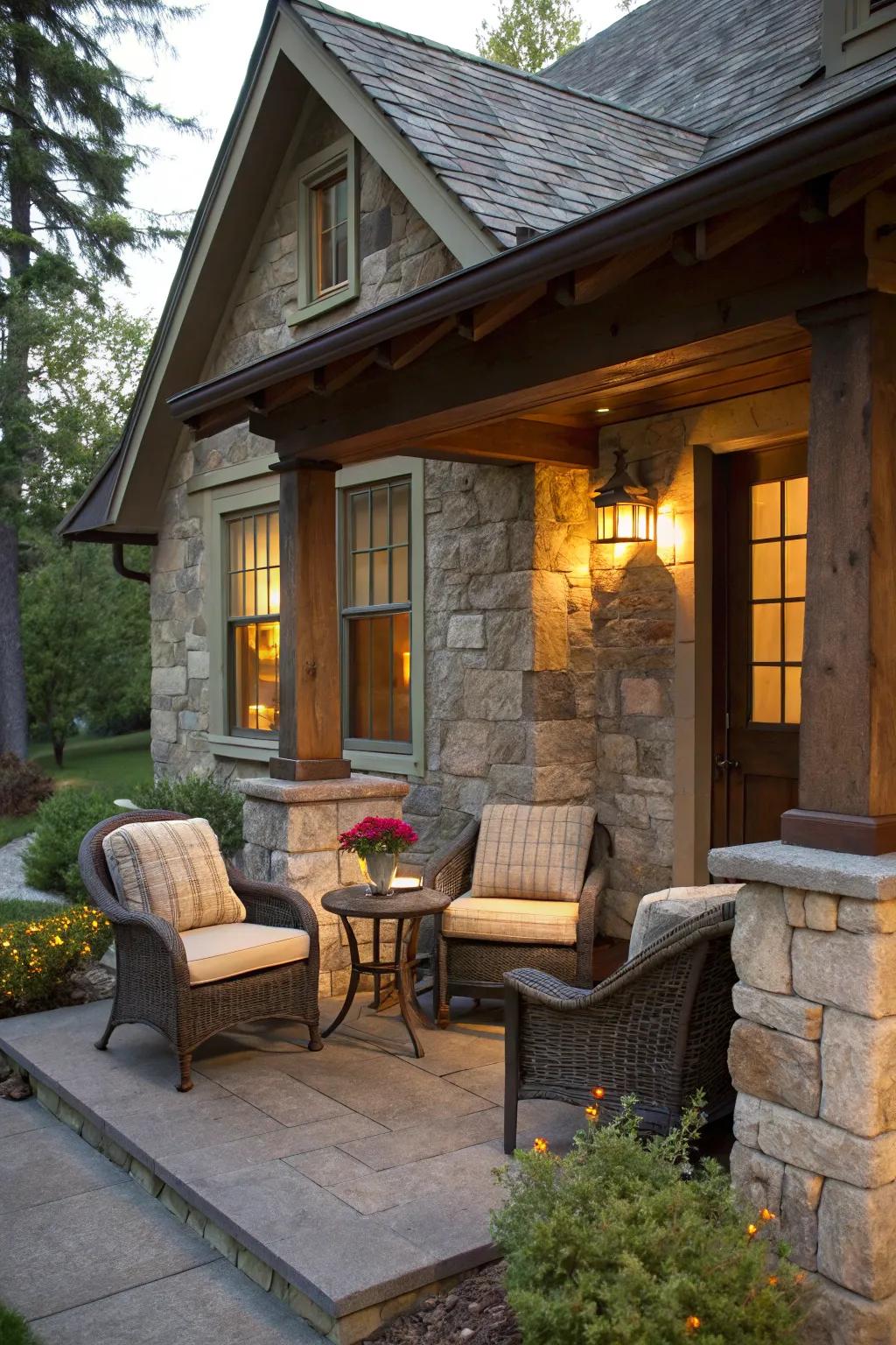 A cozy seating nook perfect for relaxation on a small stone porch.
