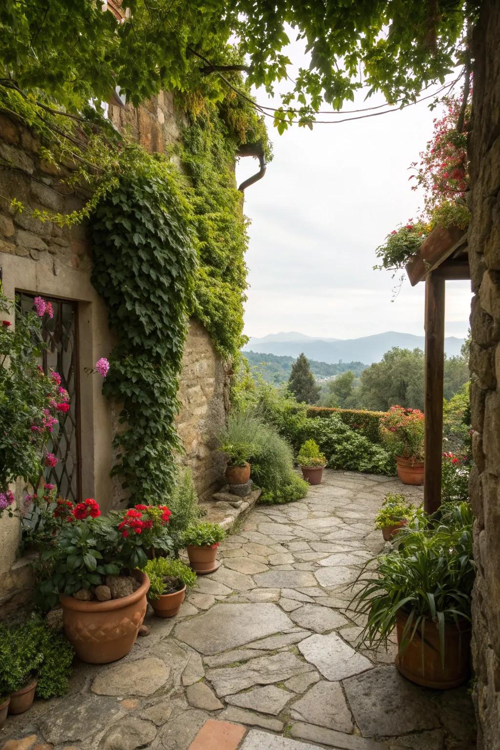 A stone patio enveloped in greenery creates a tranquil atmosphere.