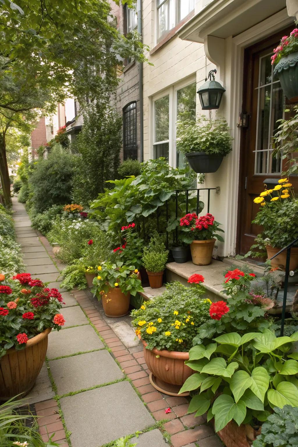 A townhouse front garden featuring a variety of potted plants in vibrant shades.