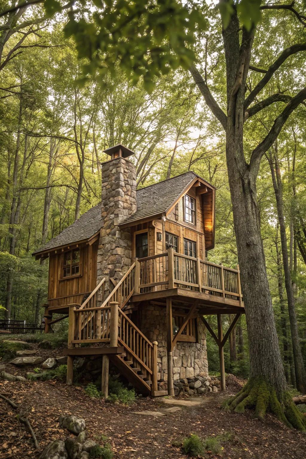 A tree house made from natural wood and stone, seamlessly integrated into its forest surroundings.