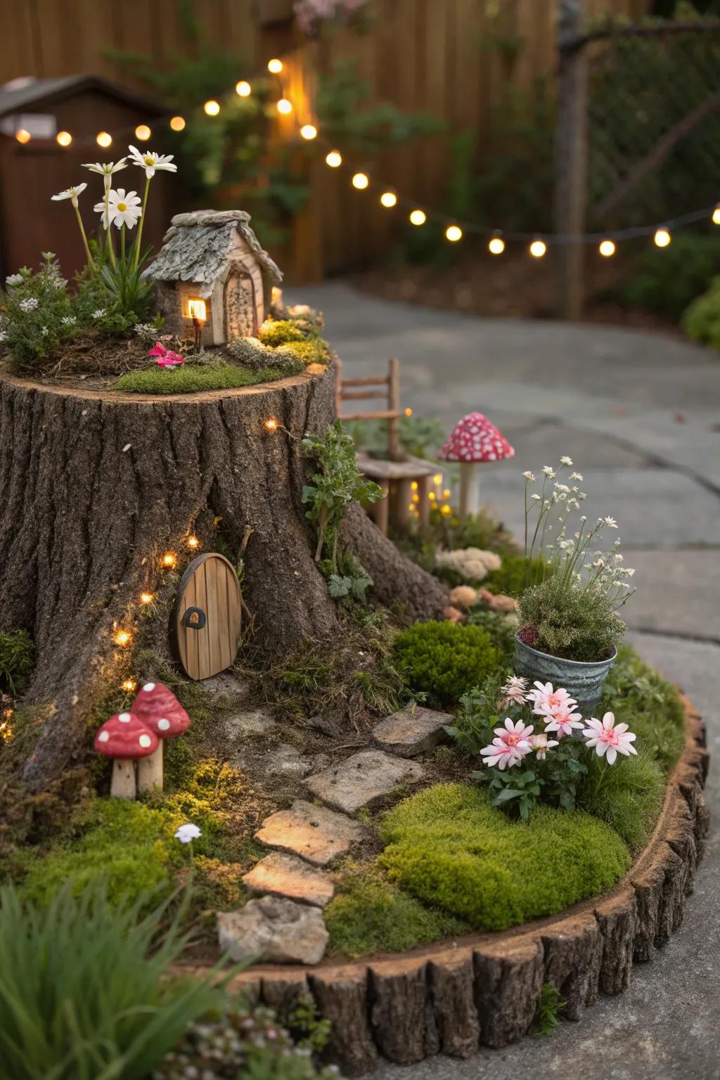 A magical fairy garden on a small tree stump.