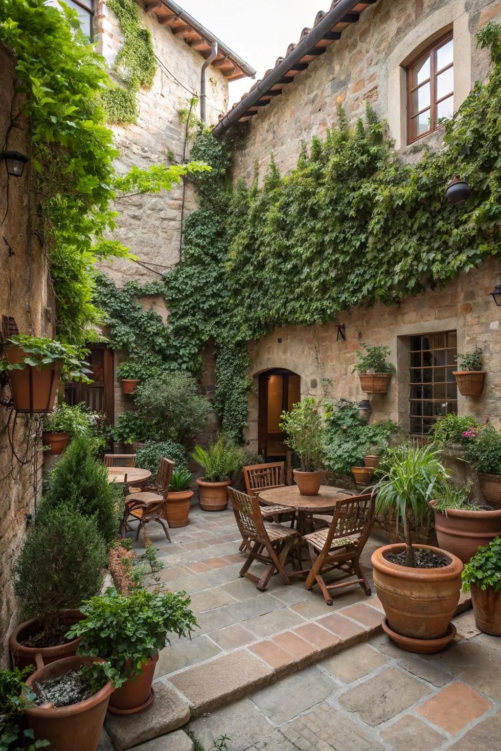 An oasis of greenery on a small Tuscan patio.