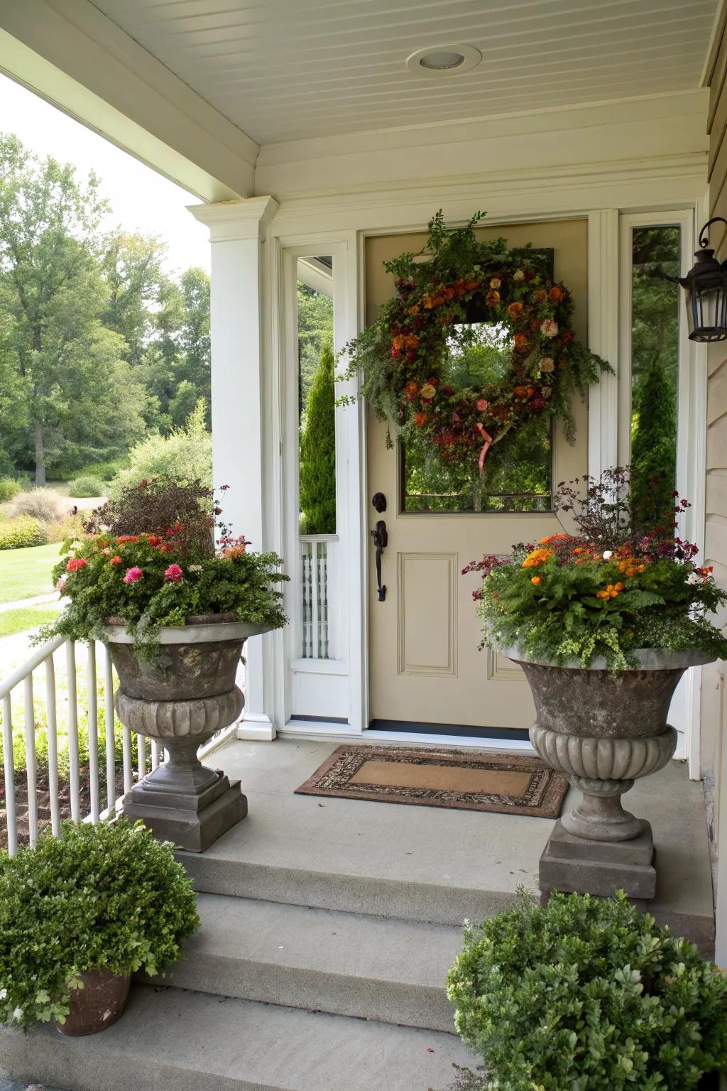A welcoming entryway with a wreath and matching planters.