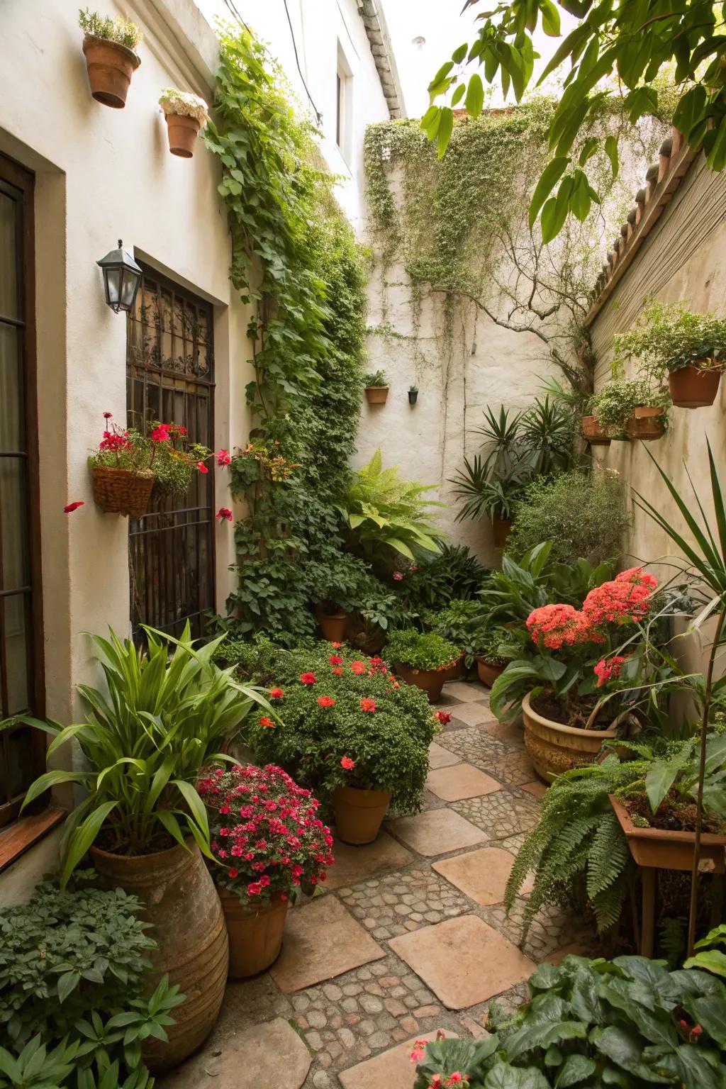 A collection of colorful potted plants in a small walled garden