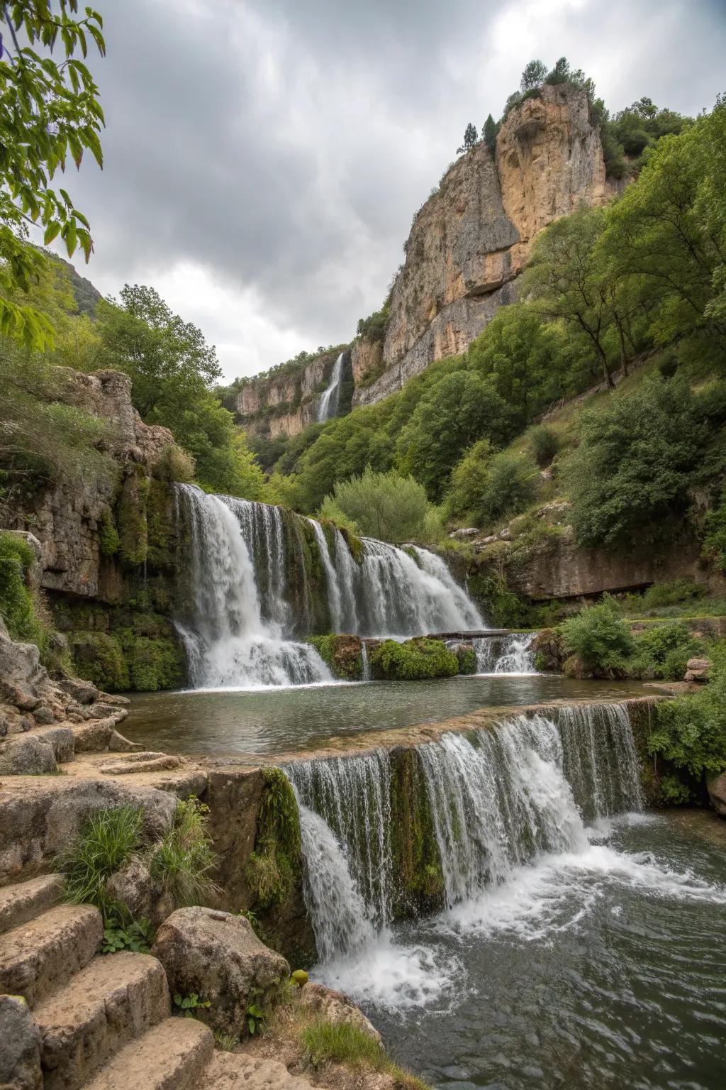 A tiered waterfall adds layers of beauty to your garden.
