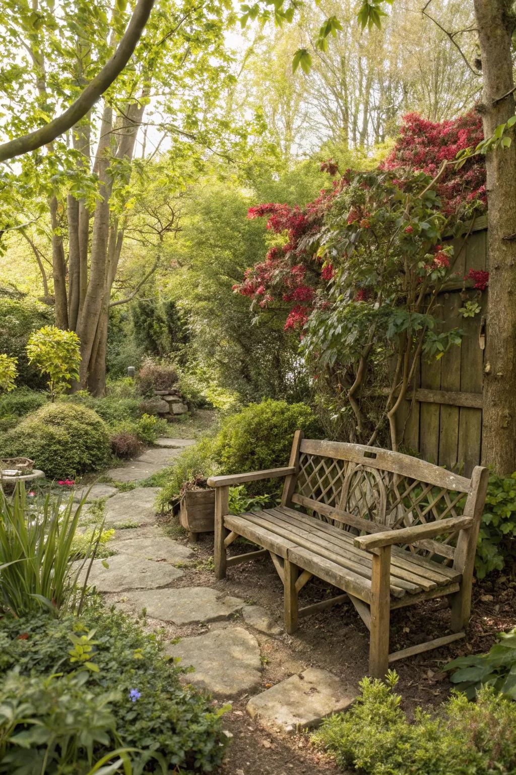 A peaceful seating area invites relaxation in a woodland setting.