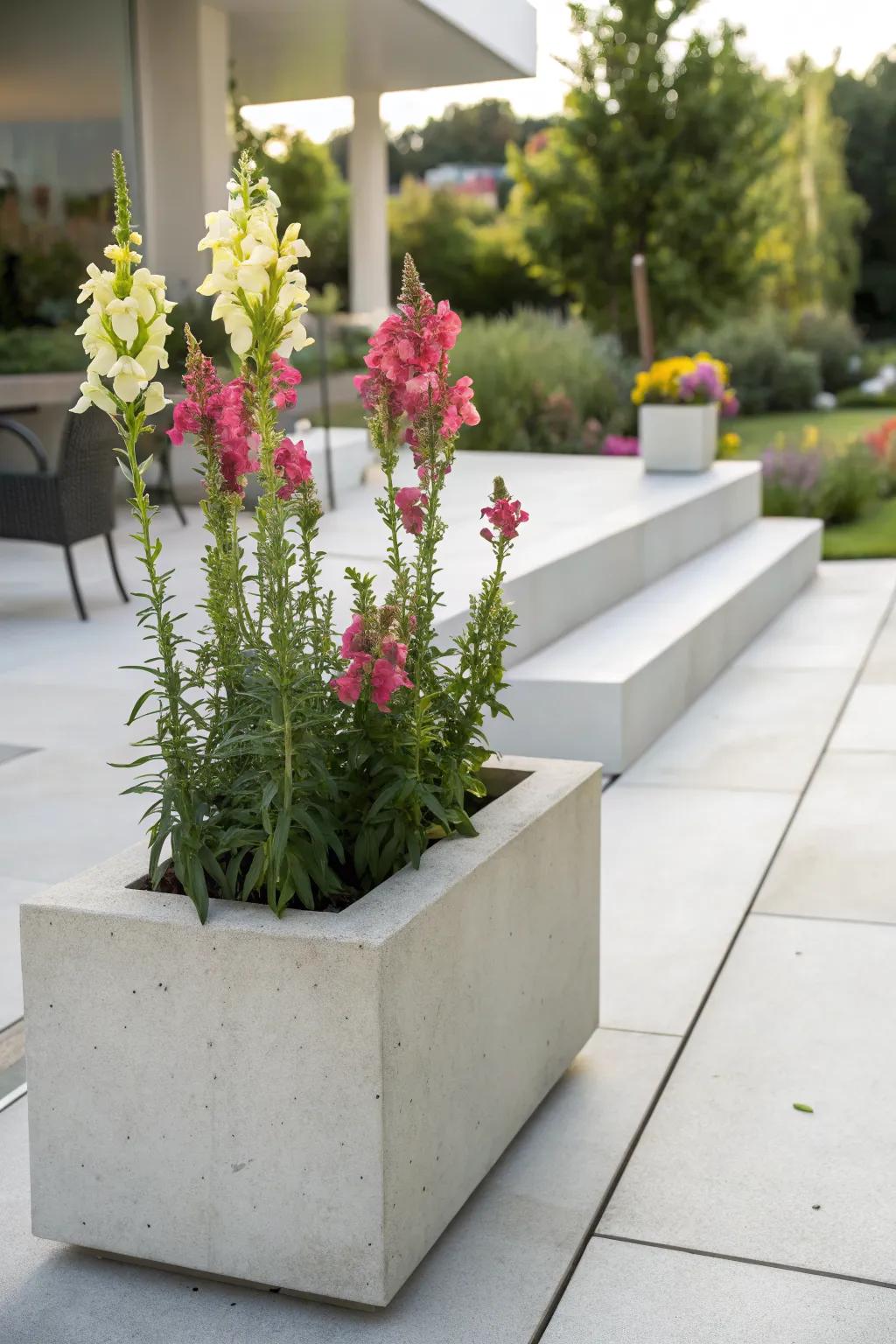 Snapdragons in a sleek concrete planter, ideal for a modern garden aesthetic.