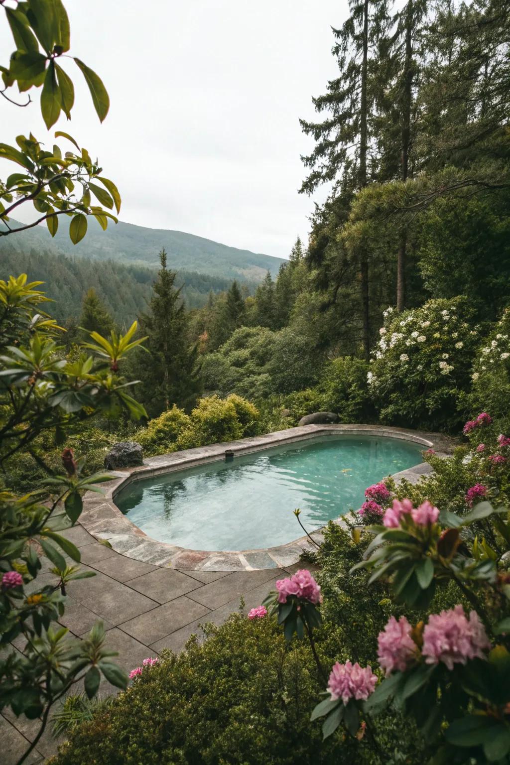 A soak pool enveloped by vibrant and lush landscaping.