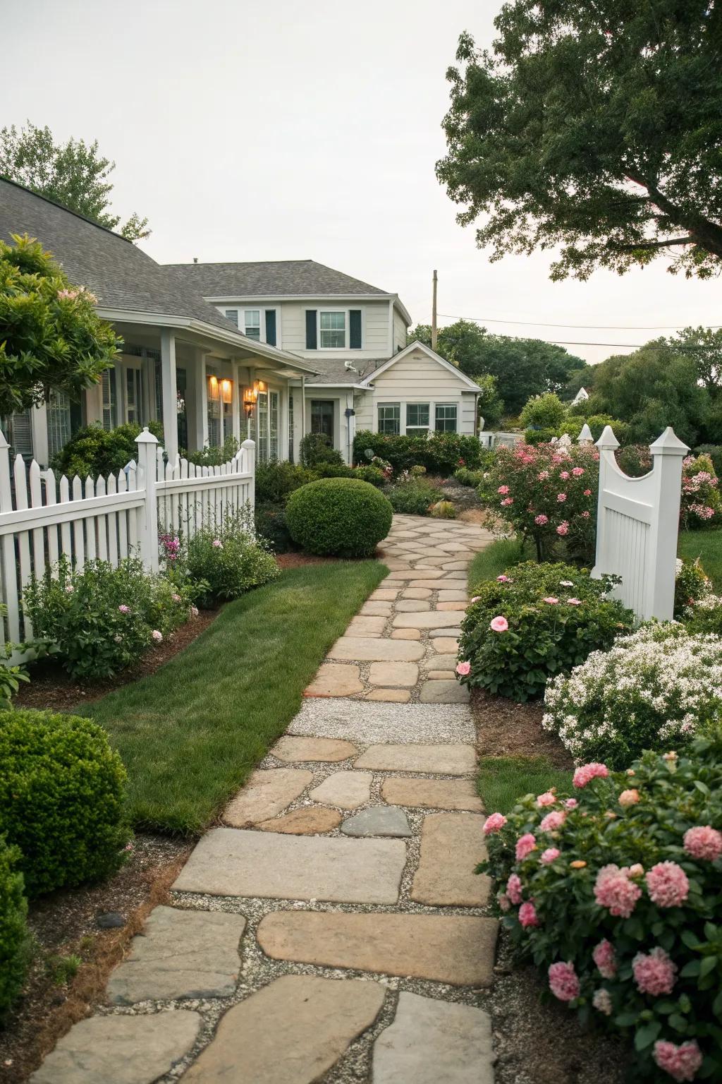 An inviting stone walkway leading through a Southern front yard.