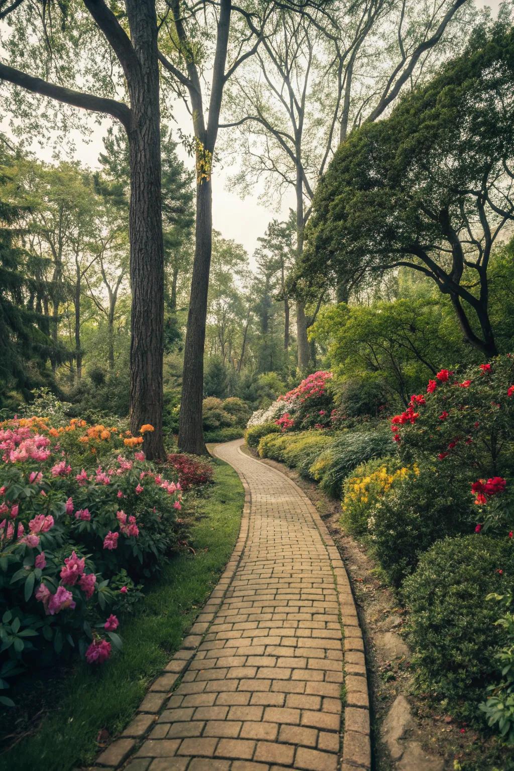 A charming brick pathway leading through a lush garden.