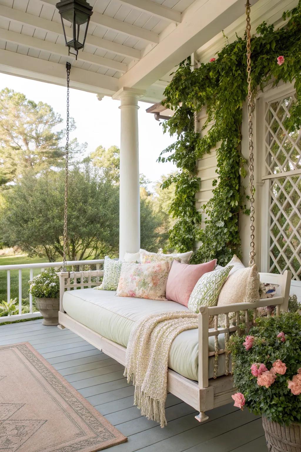 A swinging daybed transforms your porch into a luxurious retreat.