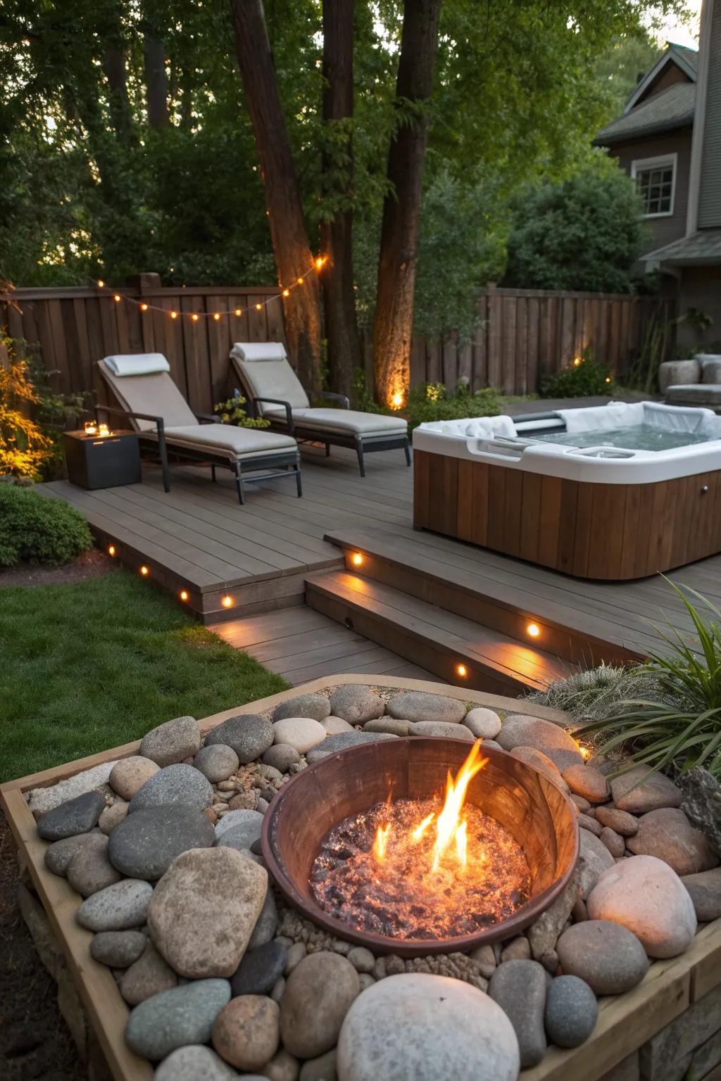 A fire feature adds warmth and ambiance to your spa area.