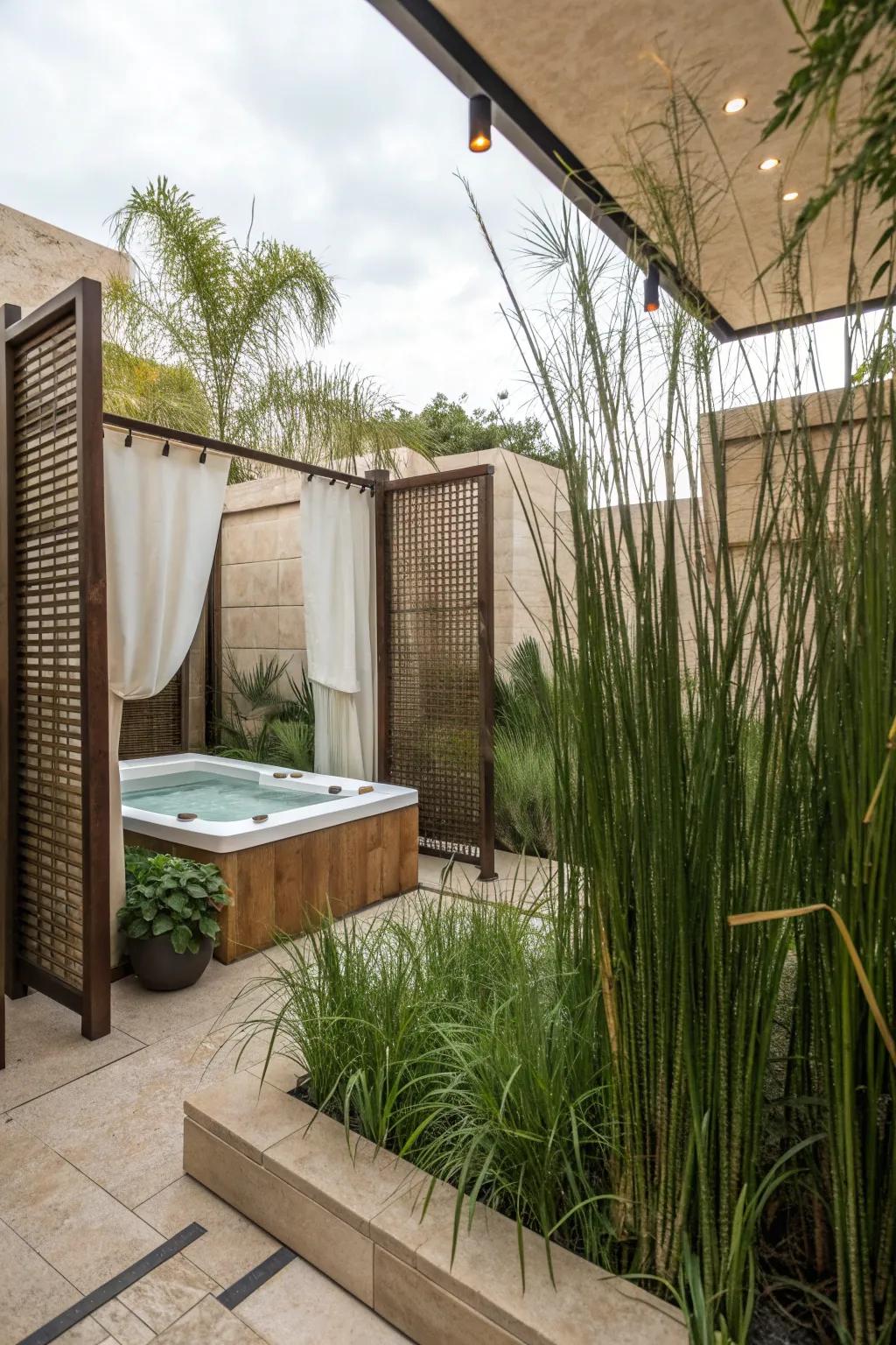 Privacy screens provide a secluded spa experience.