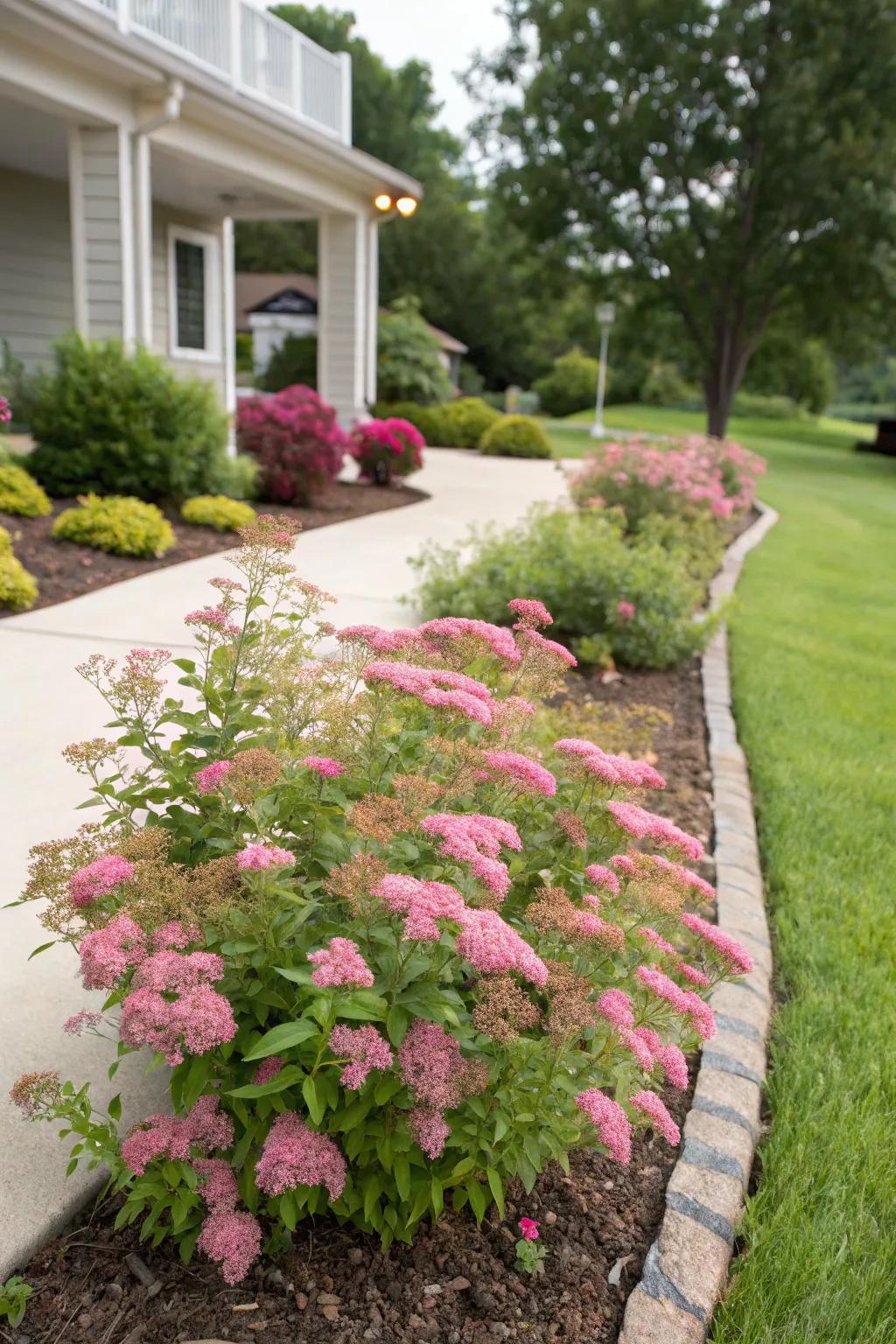 Spirea shrubs adding charm to a front yard garden.