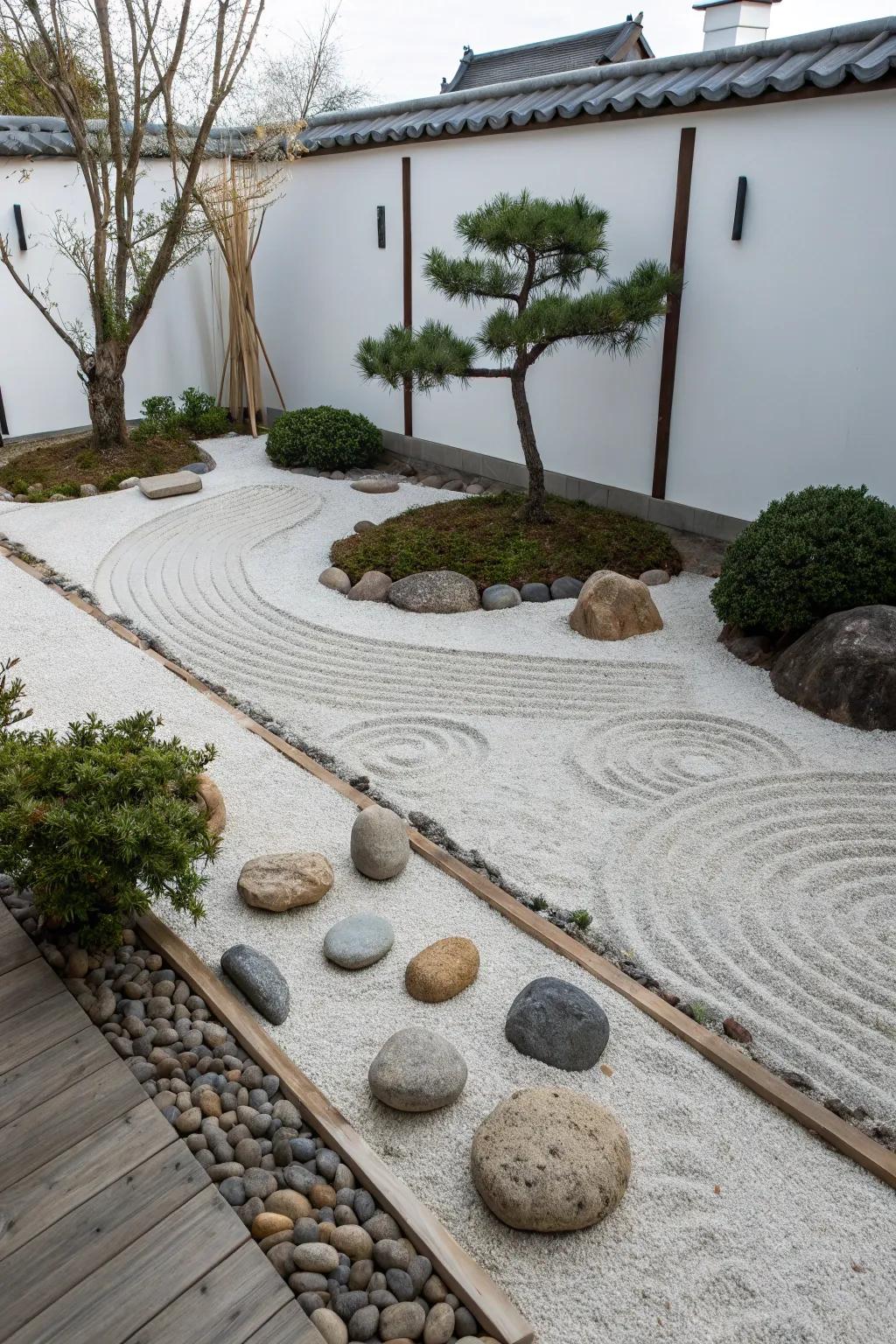 A Zen garden with raked sand and pebbles for tranquility.