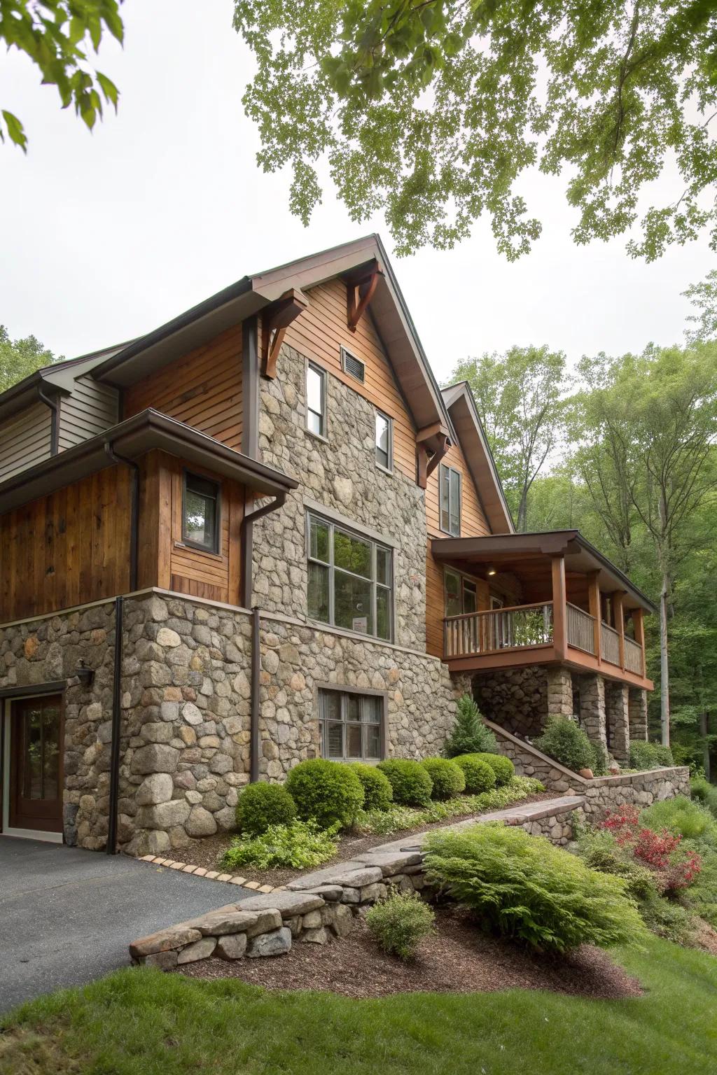 Natural stone accents enhance the inviting aura of this split-level home.