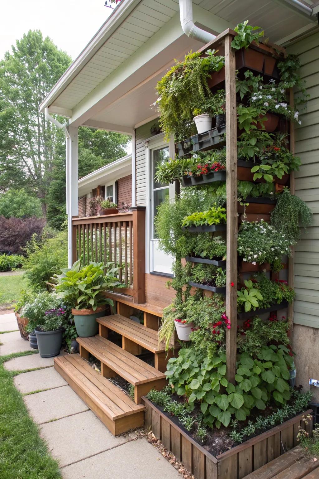 A vertical garden brings life and color to this split-level home's porch.