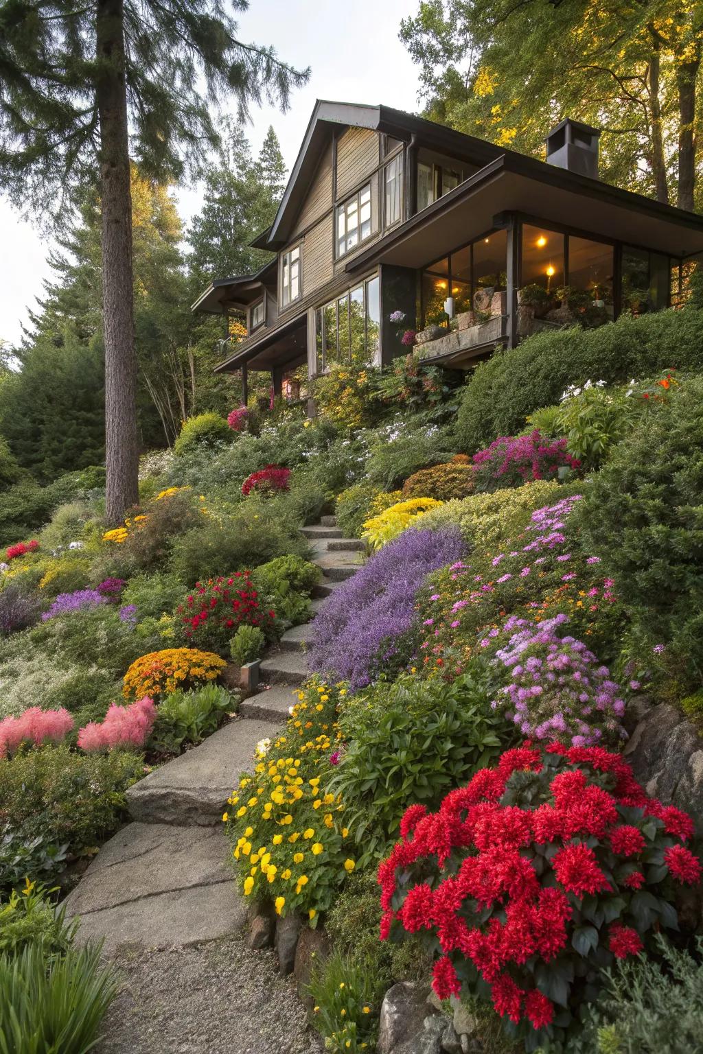 A vibrant garden filled with diverse flowers adding color to a split-level home's landscape.