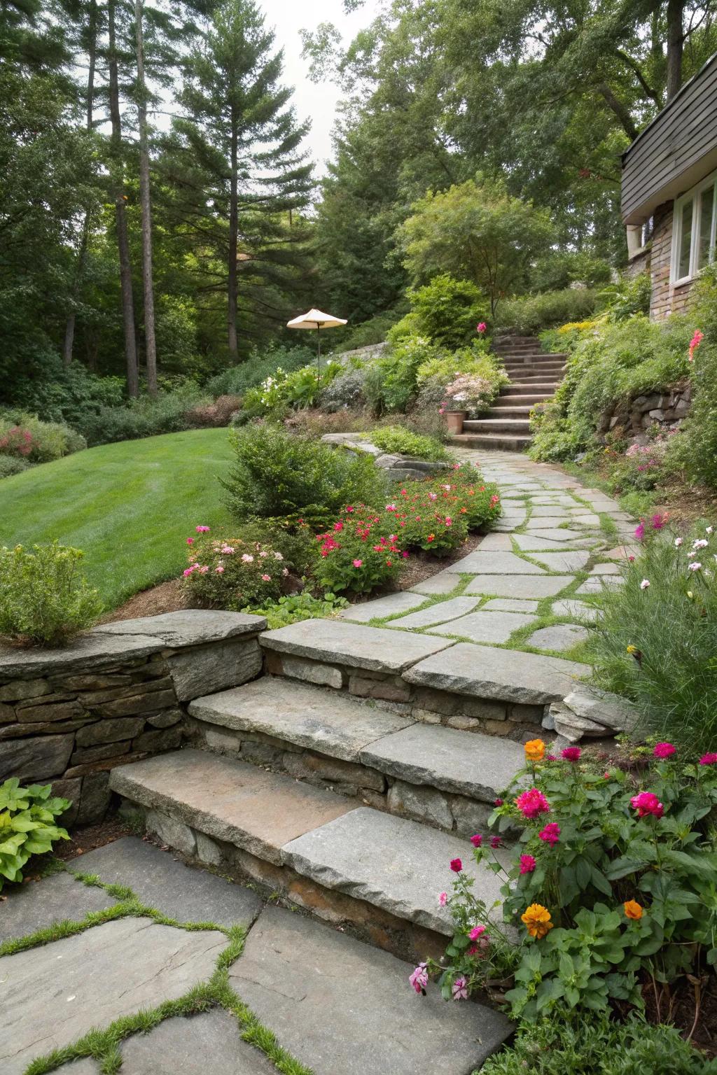 A winding stone pathway connecting different garden levels.