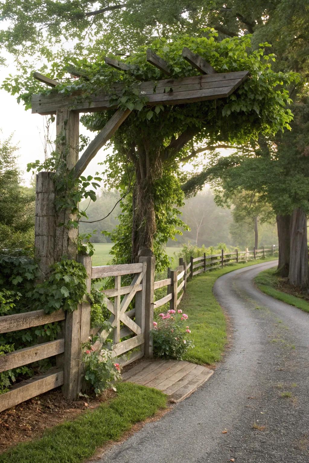 An arbor adds charm and warmth to this split rail fence entrance.