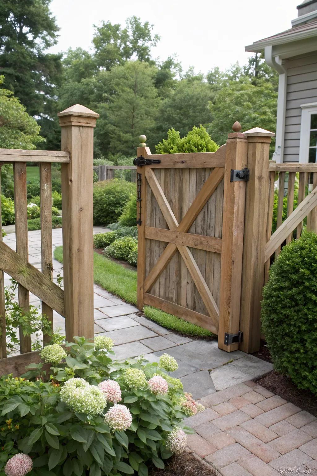 Cross-braced gate adds elegance and style.