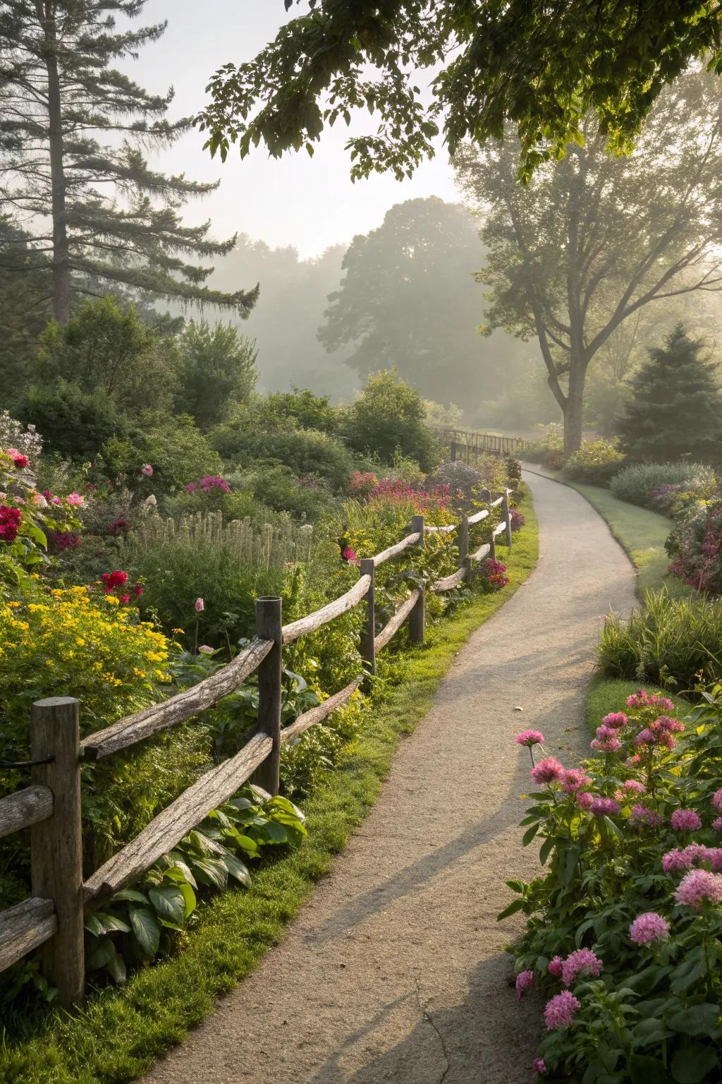 Defined pathways with split rail fencing lead the way through this serene garden.