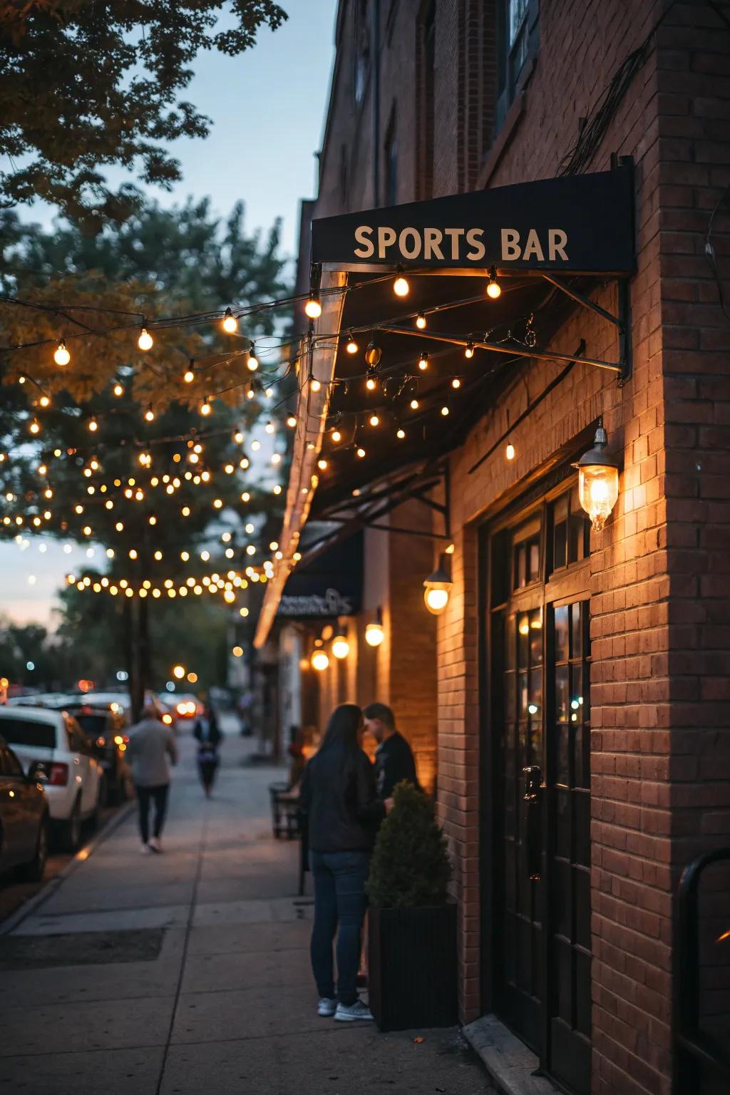 String lights adding a magical touch to the sports bar exterior.