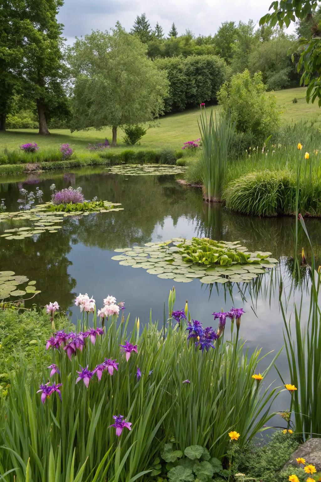 A serene bulb garden with a tranquil water feature.