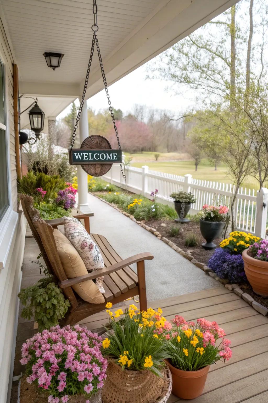 A charming welcome sign adds a personal touch to your porch.