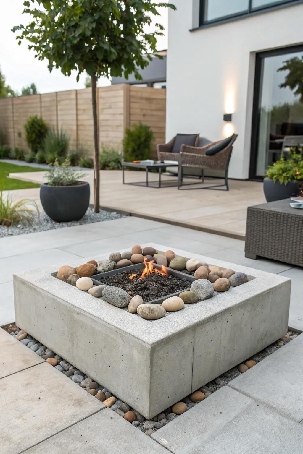 Embrace modern minimalism with a sleek concrete fire pit.
