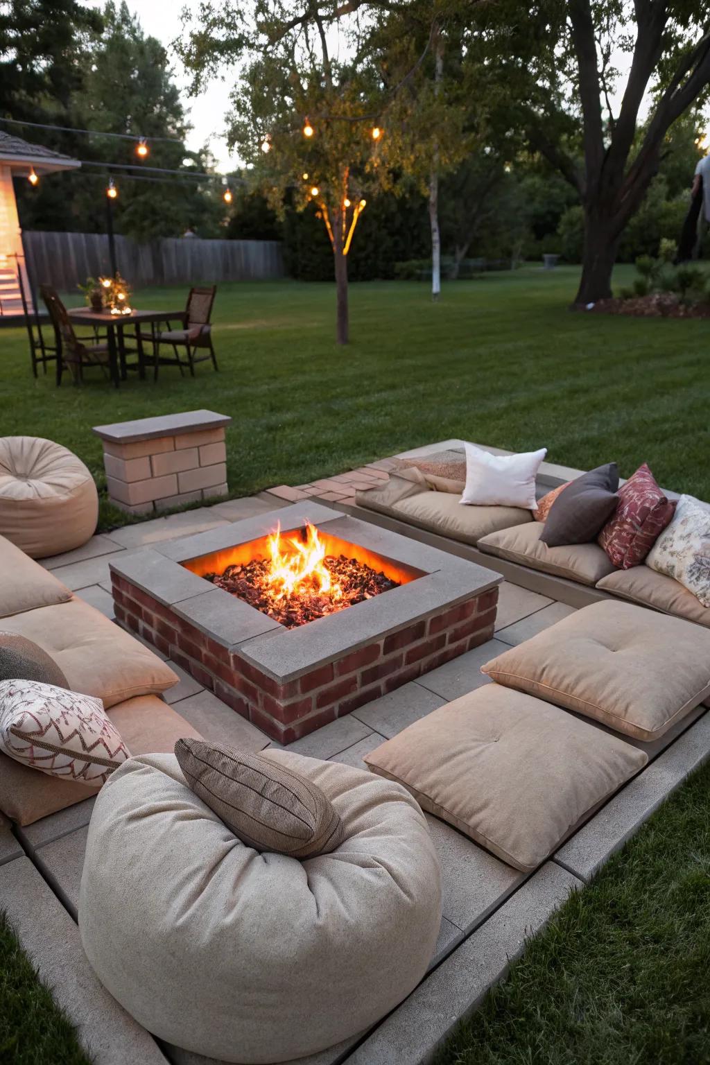 Cushioned seating adds comfort and style to any fire pit area.