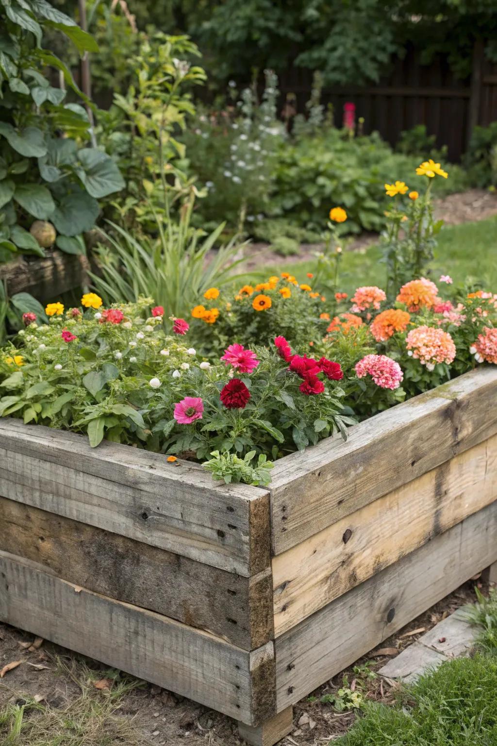 A raised square flower bed constructed from reclaimed wood, showcasing a variety of blooms.