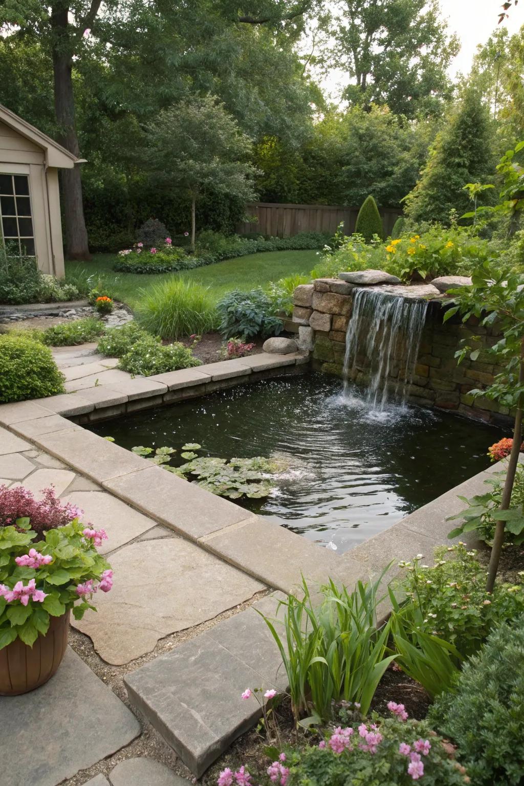 A tranquil square pond featuring a small, cascading waterfall.