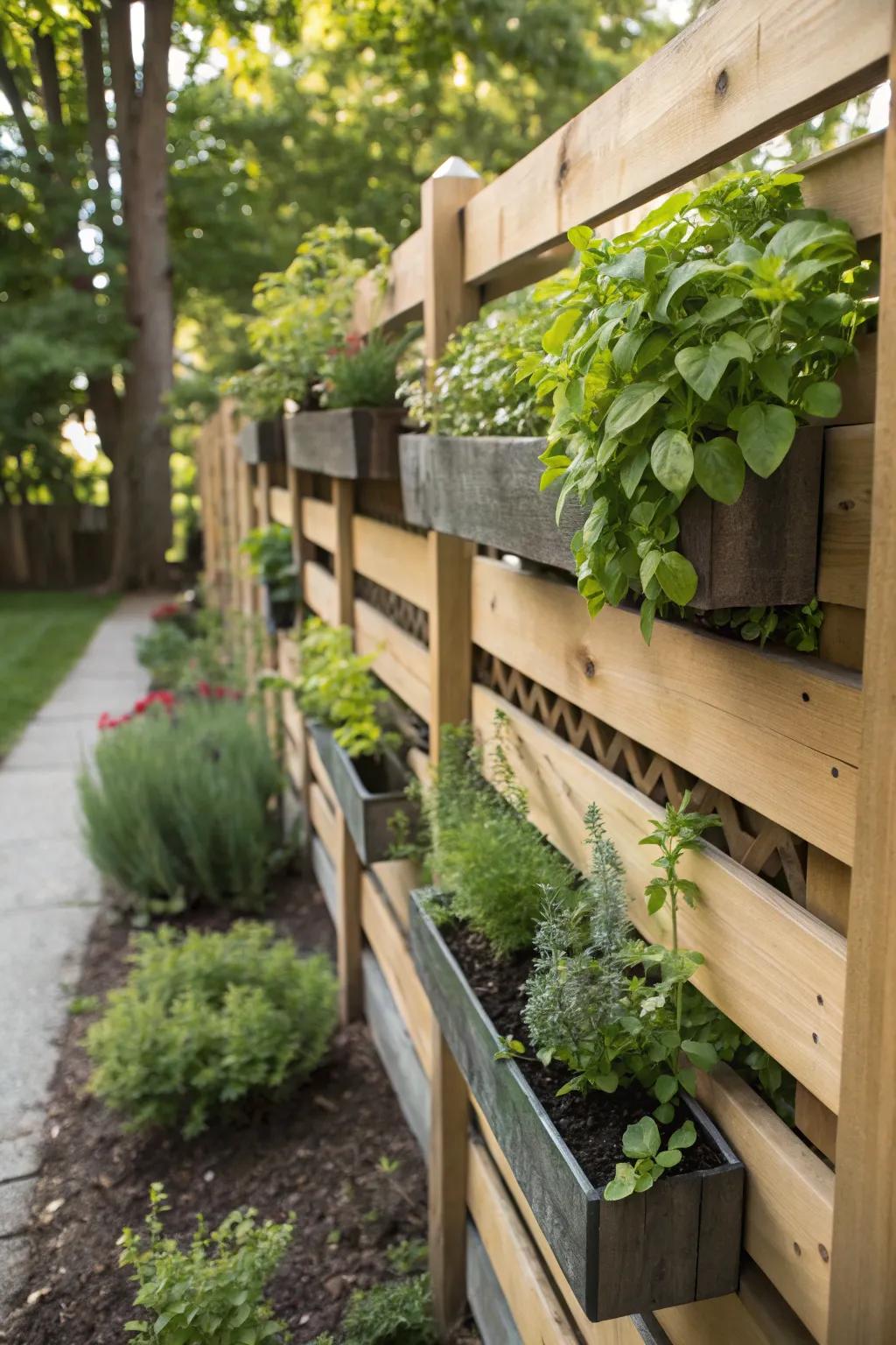 Add planters to your fence for a functional and beautiful touch.
