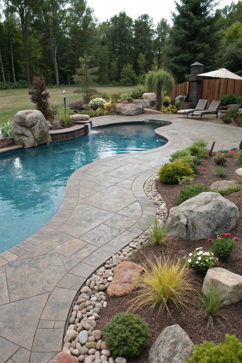 Harmonious integration of stamped concrete and natural landscaping.