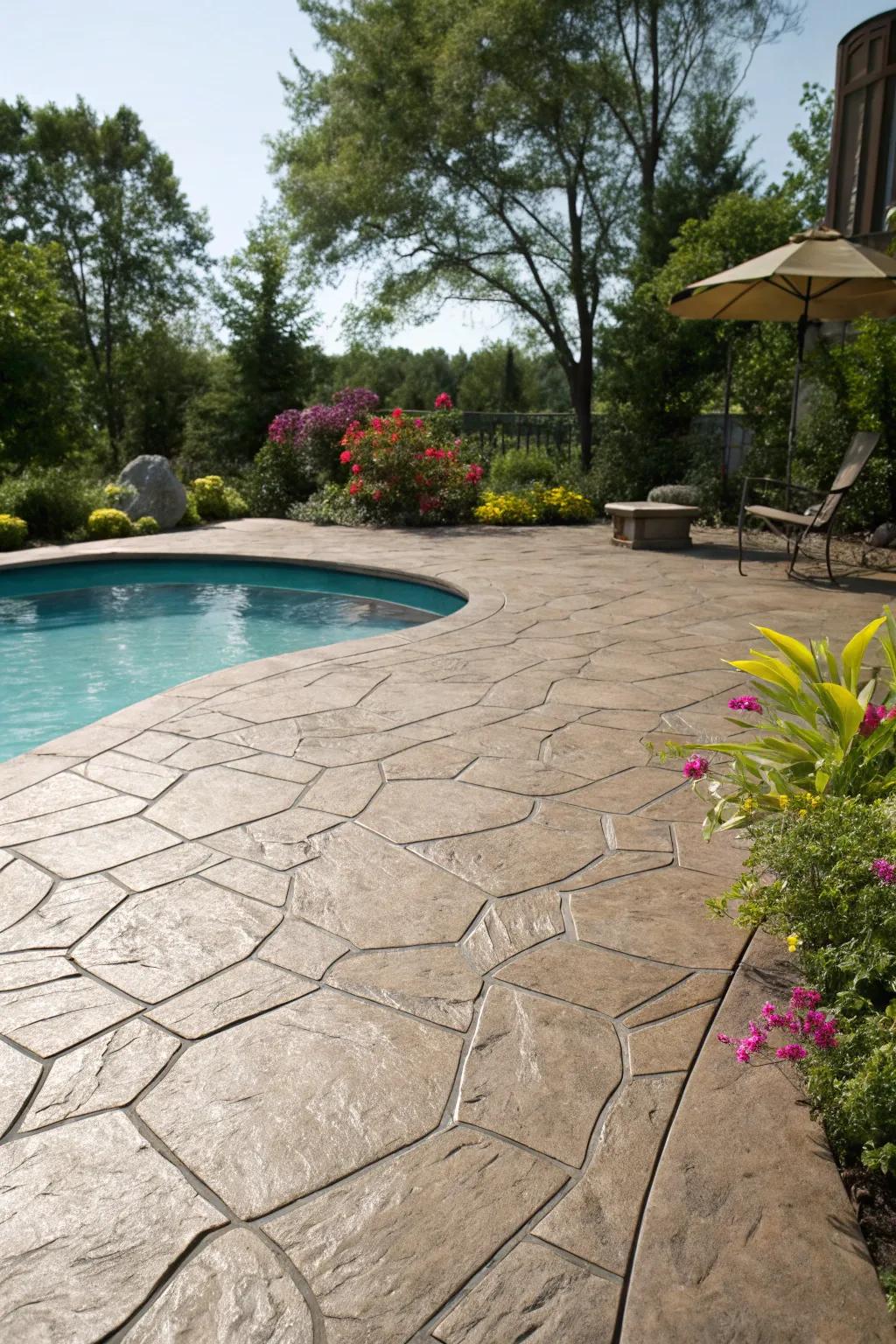 Enjoy the rustic beauty of flagstone with stamped concrete.