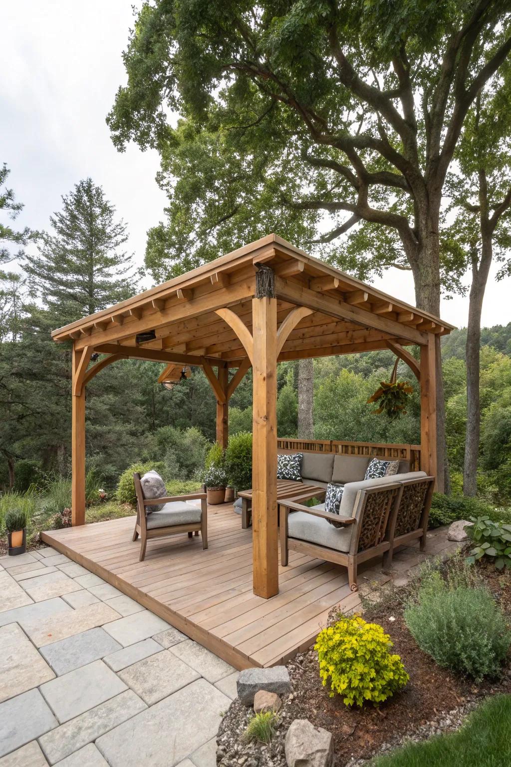 A wooden patio exuding warmth and natural charm.