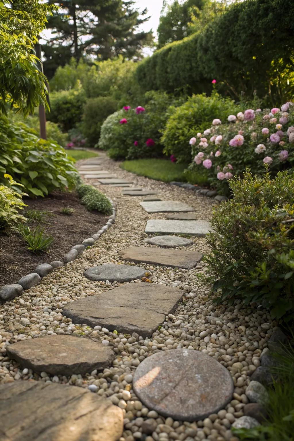 A mixed-material pathway with flat stones and gravel for added texture.
