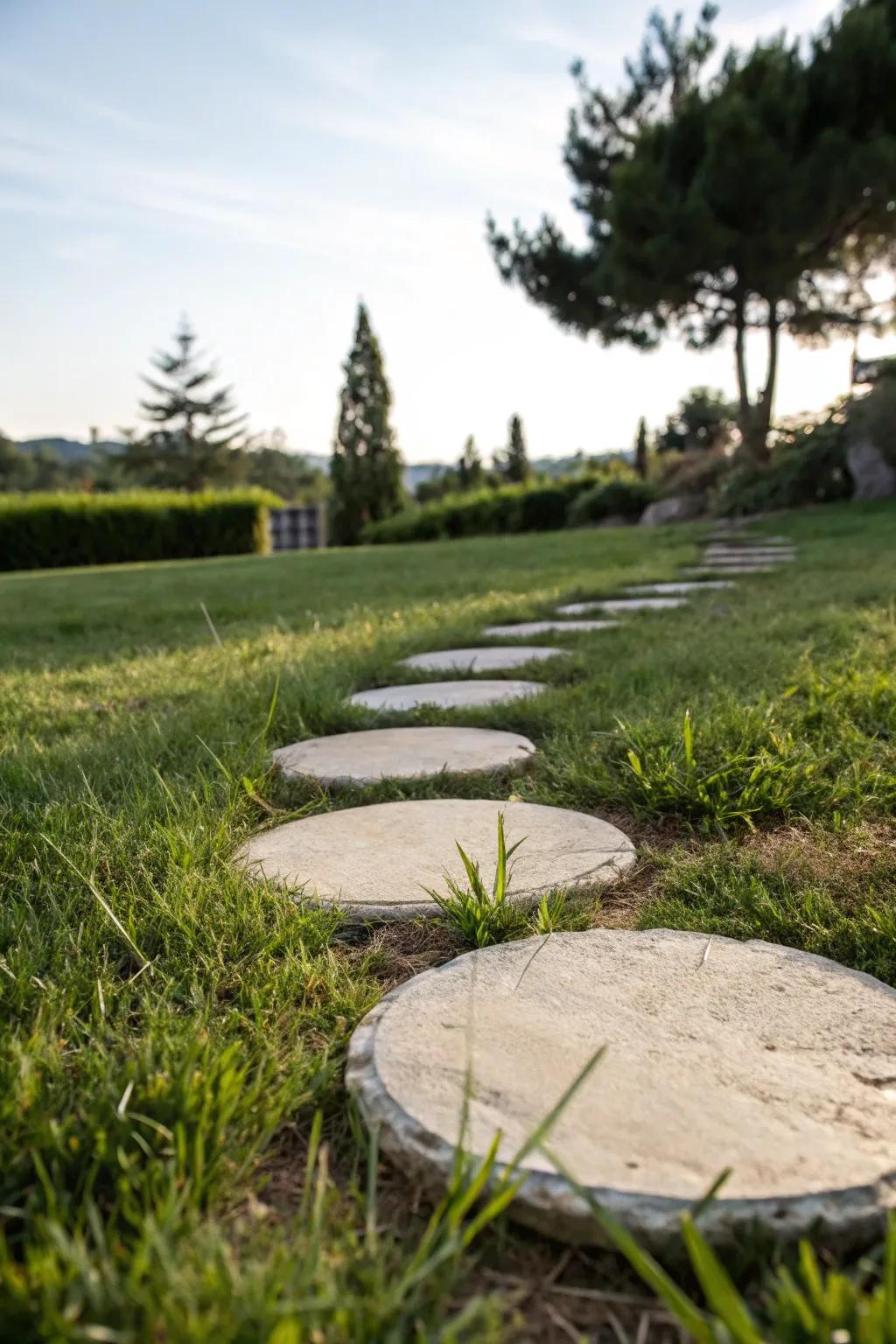 A whimsical path of circular stones through a green lawn.