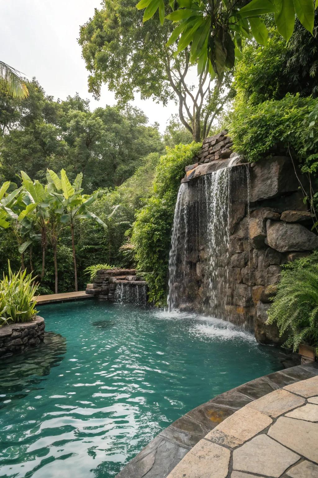 A stone waterfall adds a touch of tranquility to any pool.