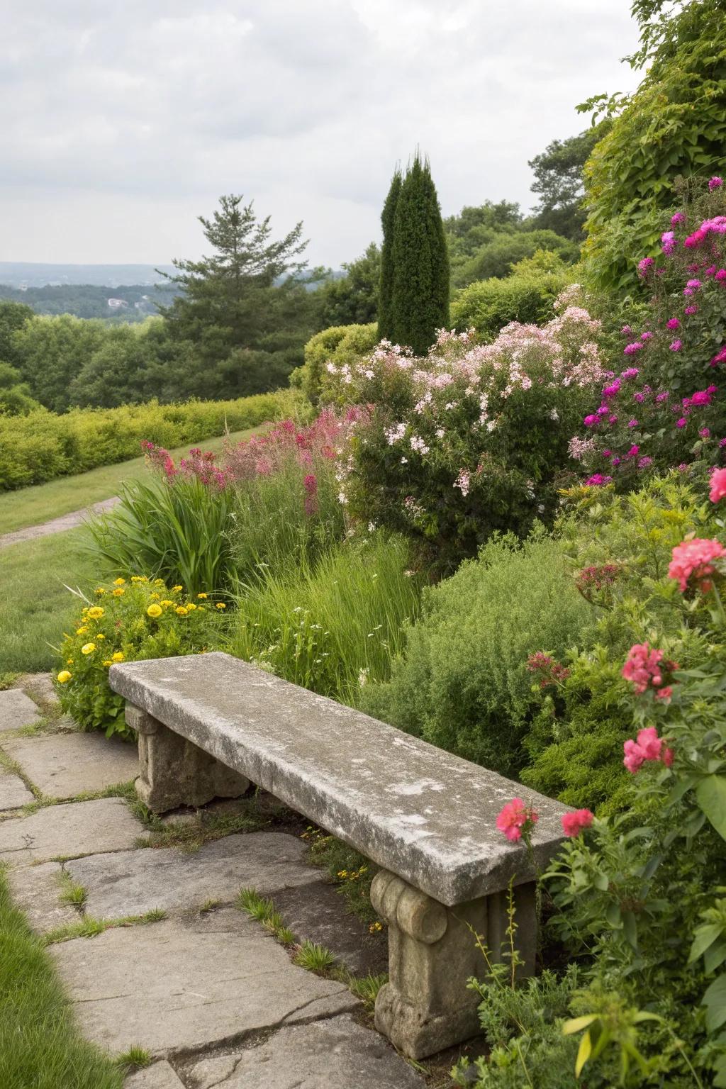 A stone bench beautifully integrated into a natural garden setting.