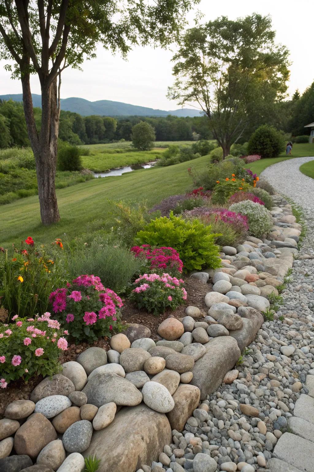 River rock borders bring a natural flow to flower beds.