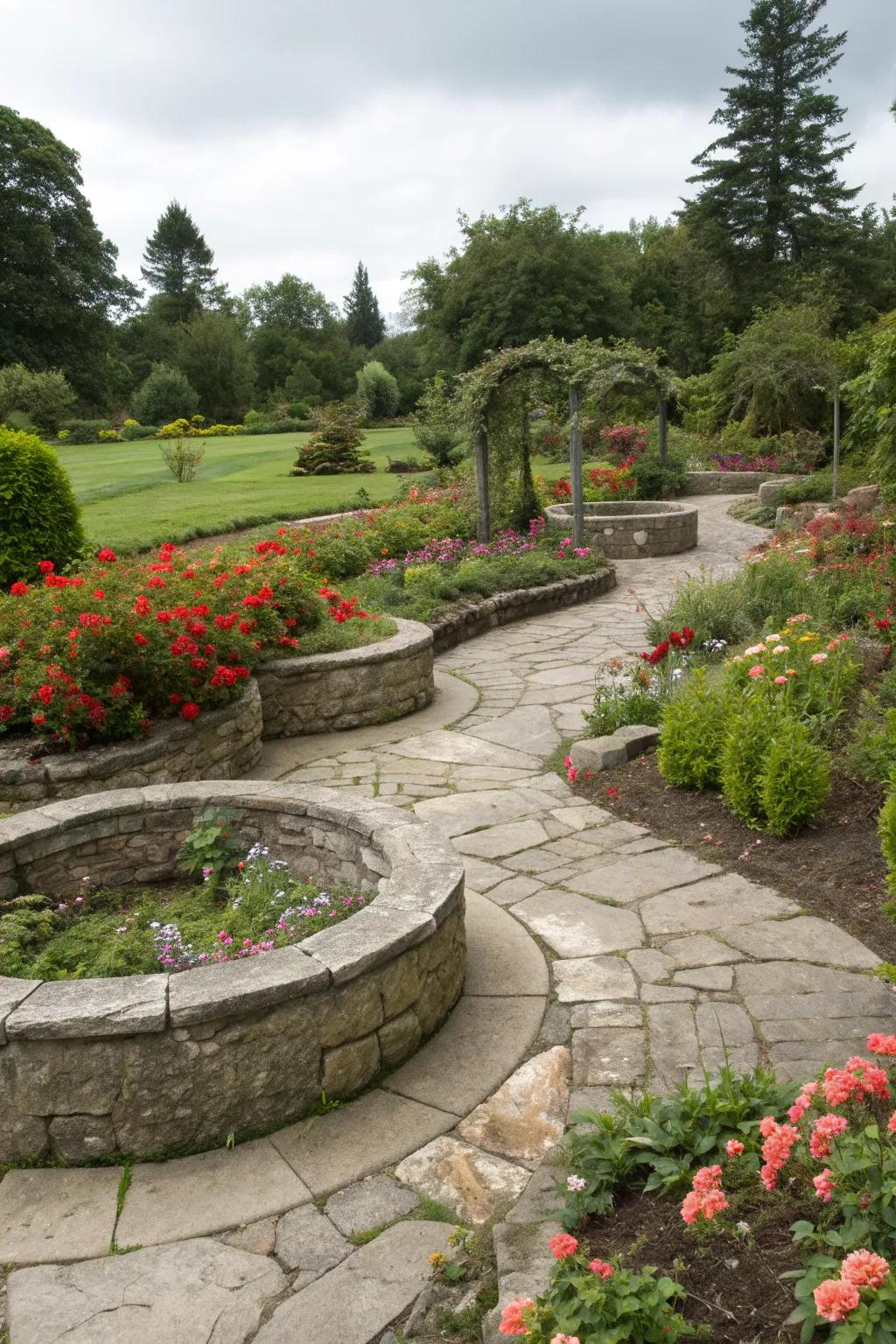 Curved and circular stone shapes create a whimsical garden layout.