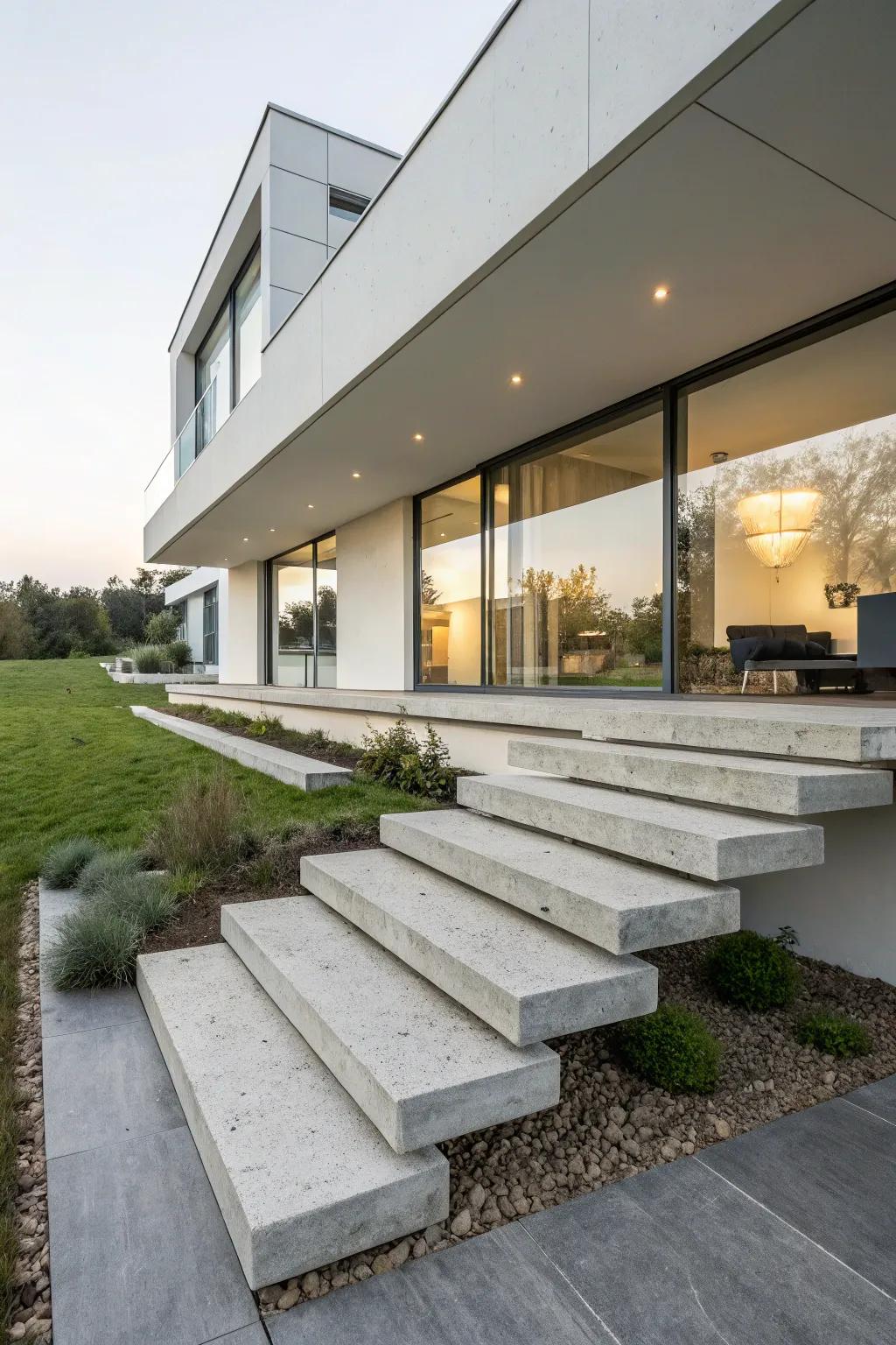 Modern floating stone steps providing a contemporary look.
