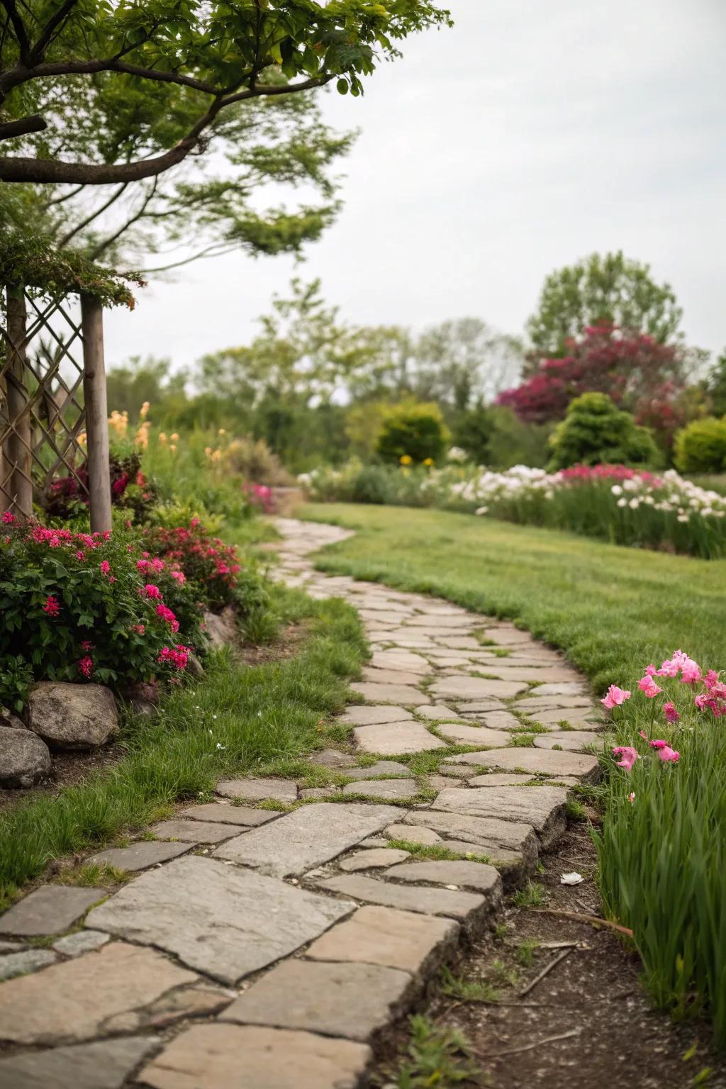 A rustic recycled stone pathway that adds character.